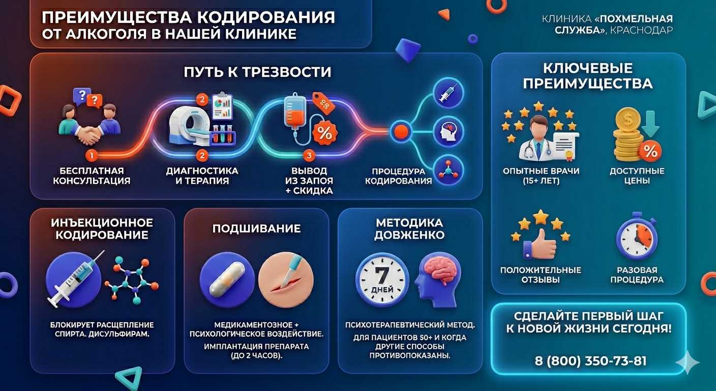 Инфографика о методах кодирования от алкоголя в Архаре: инъекции, подшивание, метод Довженко. Преимущества клиники и этапы лечения.