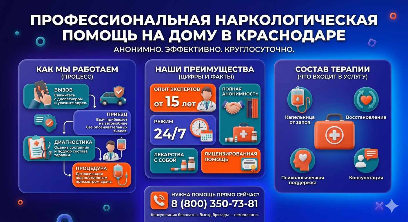 Инфографика о принципах лечения алкоголизма на дому в Архаре: этапы вызова нарколога, преимущества анонимной детоксикации и состав медицинской помощи.